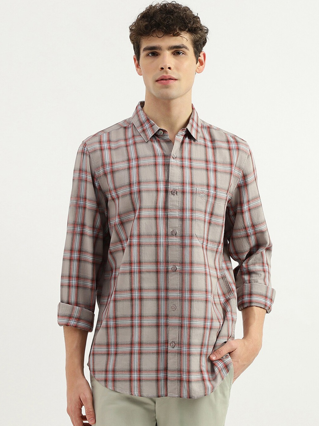 

United Colors of Benetton Tartan Checks Pure Cotton Casual Shirt, Grey