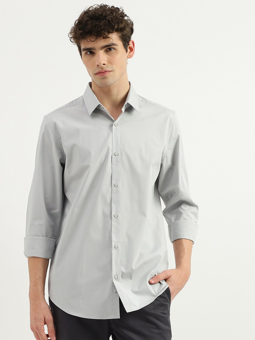 

United Colors of Benetton Cotton Spread Collar Slim Fit Curved Formal Shirt, Grey