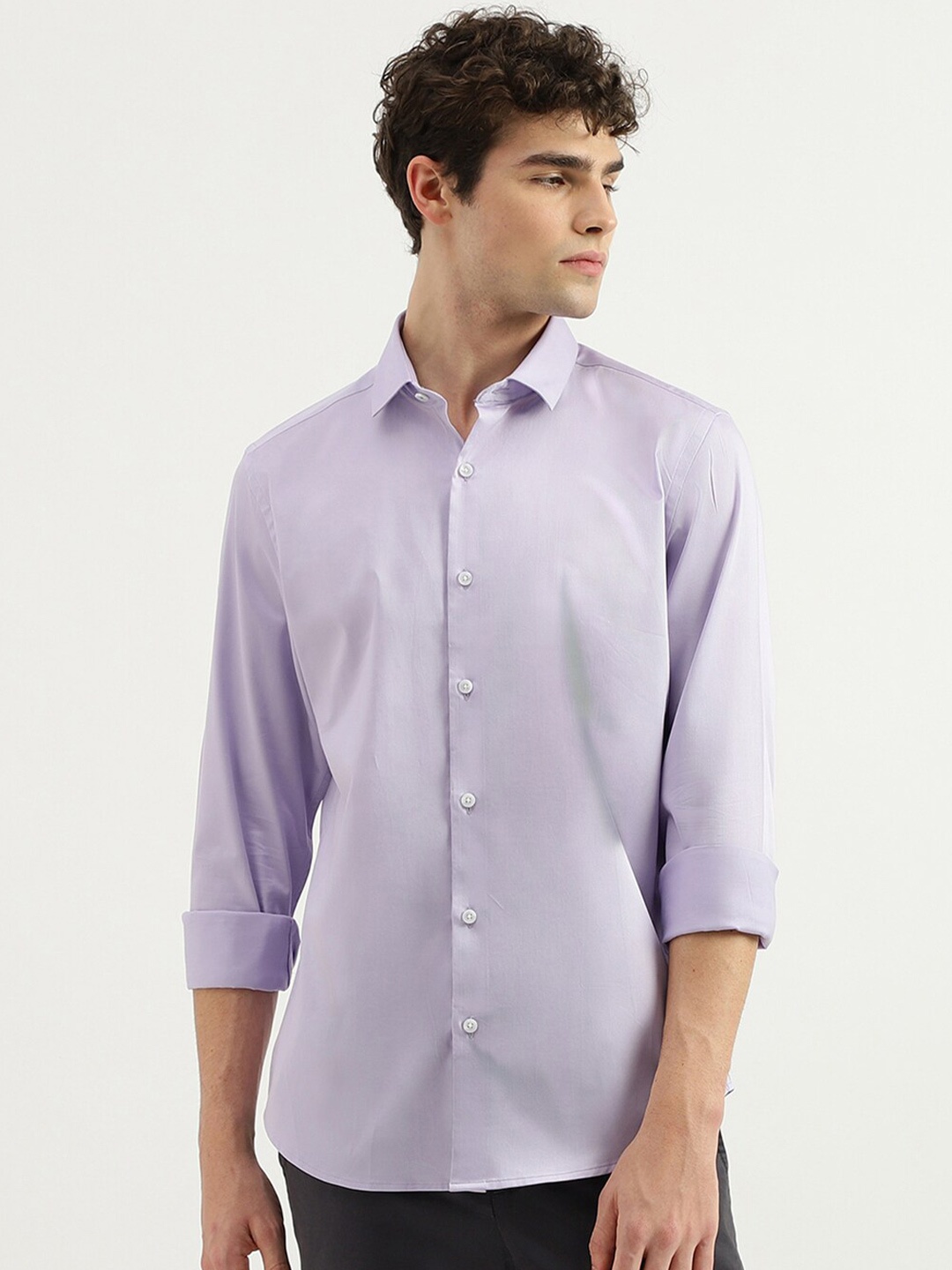 

United Colors of Benetton Cotton Spread Collar Slim Fit Curved Formal Shirt, Purple