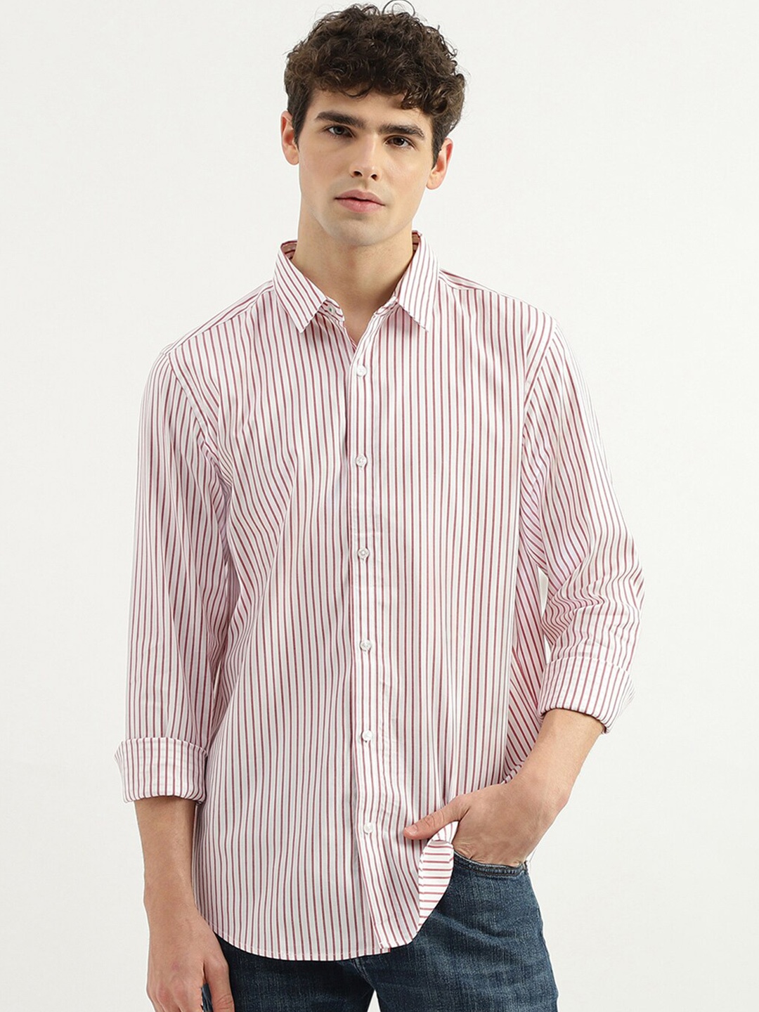 

United Colors of Benetton Striped Cotton Spread Collar Casual Shirt, Pink
