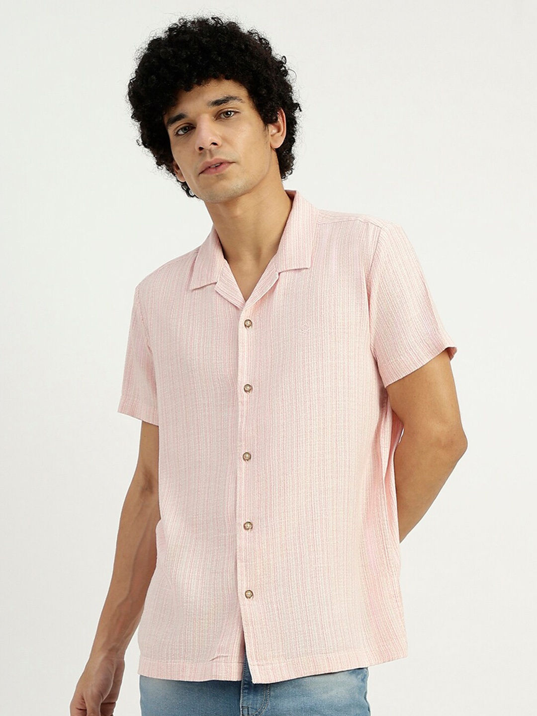 United Colors of Benetton Cuban Collar Casual Shirt, Pink