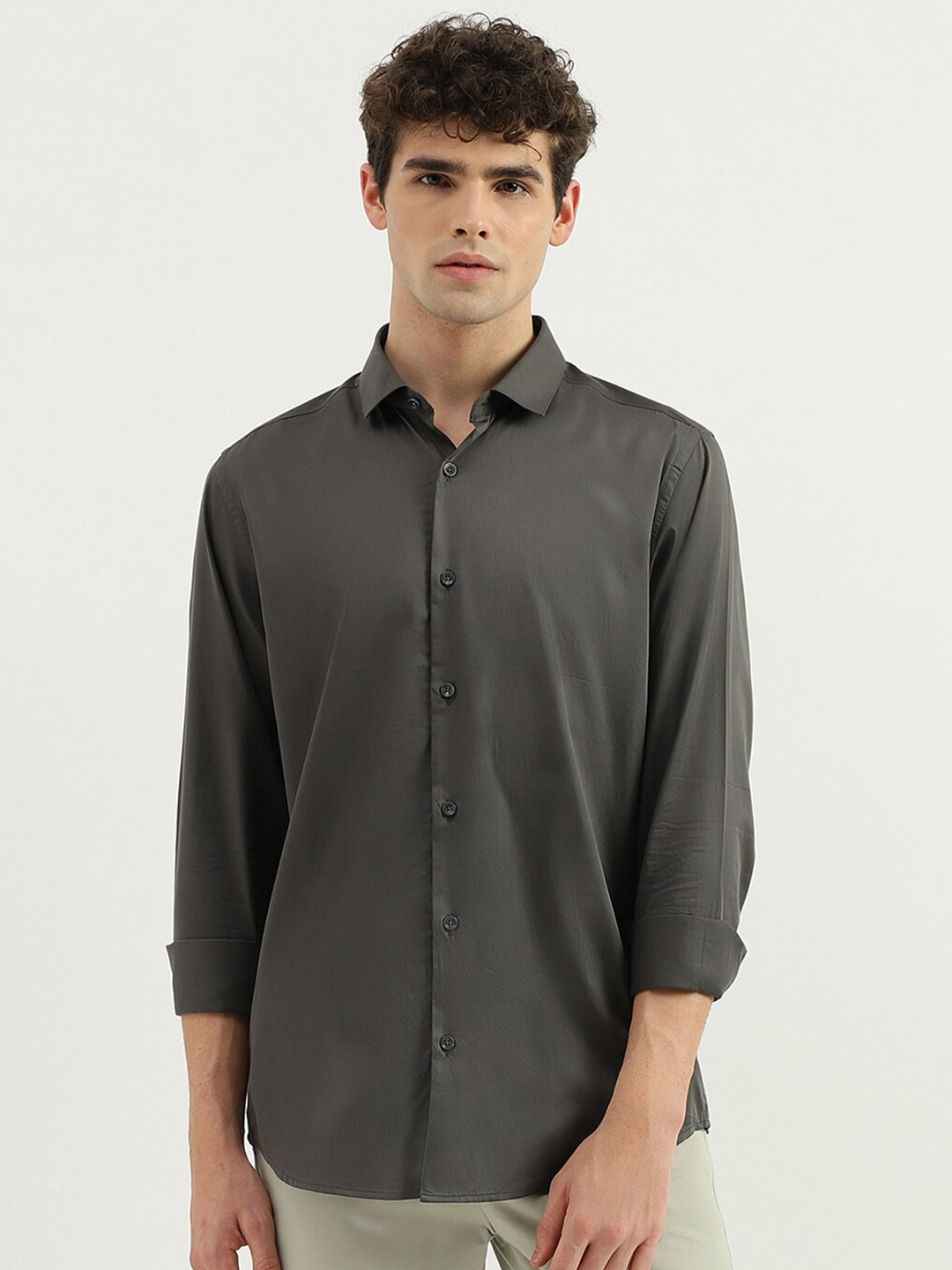 

United Colors of Benetton Cotton Spread Collar Slim Fit Curved Formal Shirt, Grey
