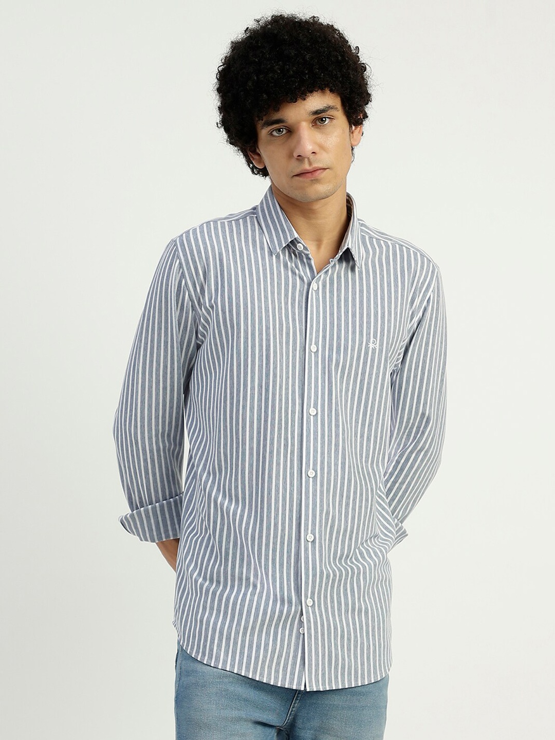 

United Colors of Benetton Regular Fit Striped Cotton Casual Shirt, Blue