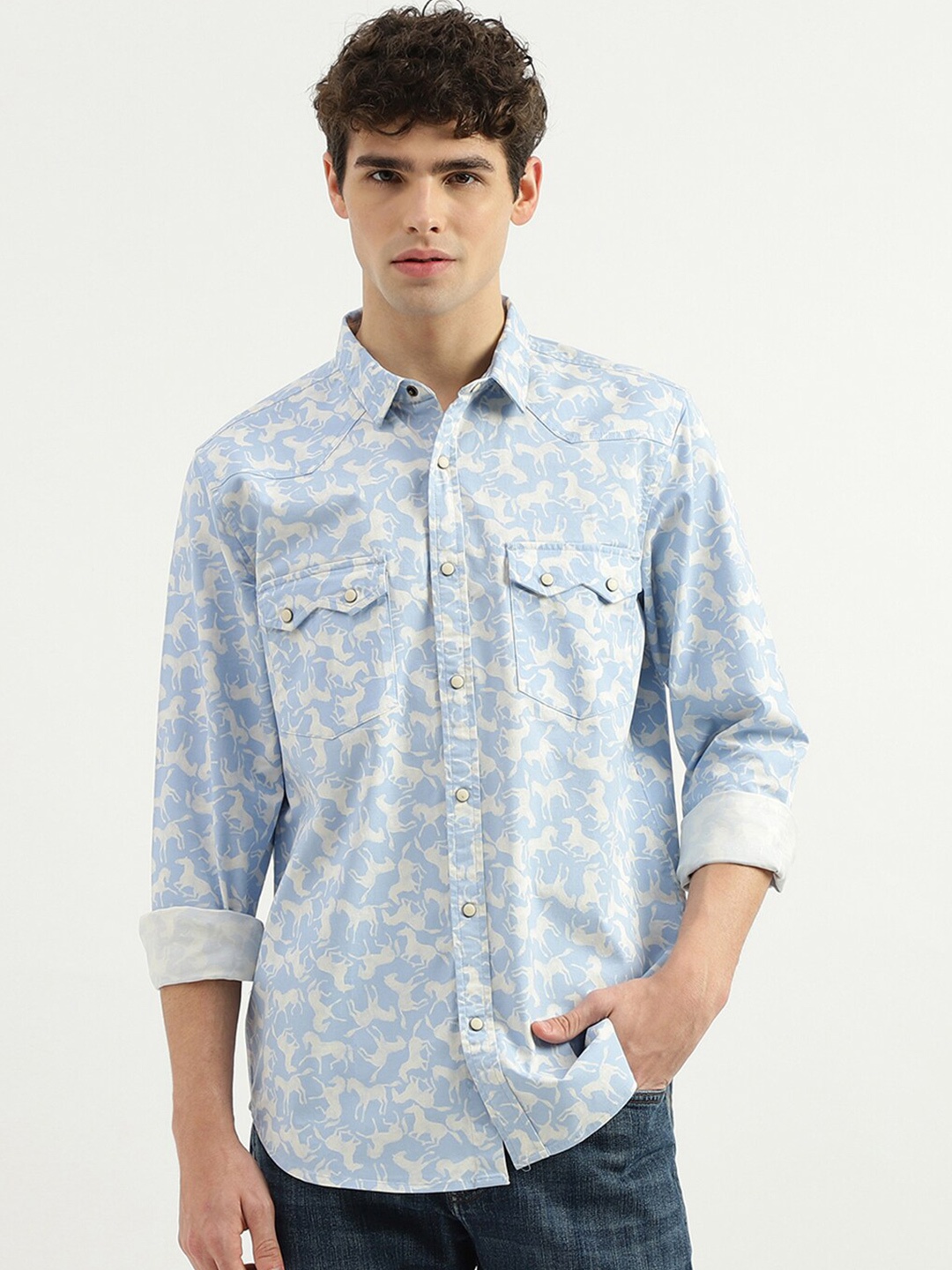 United Colors of Benetton Animal Printed Cotton Casual Shirt, Blue