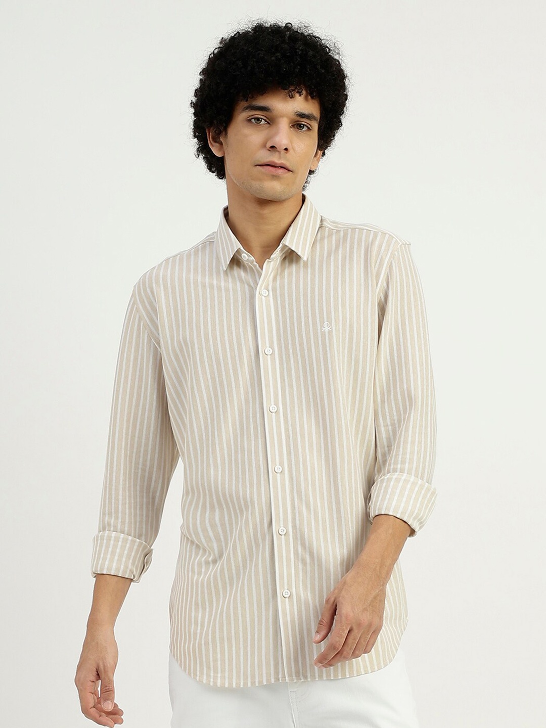 United Colors of Benetton Striped Cotton Spread Collar Curved Casual Shirt, Beige