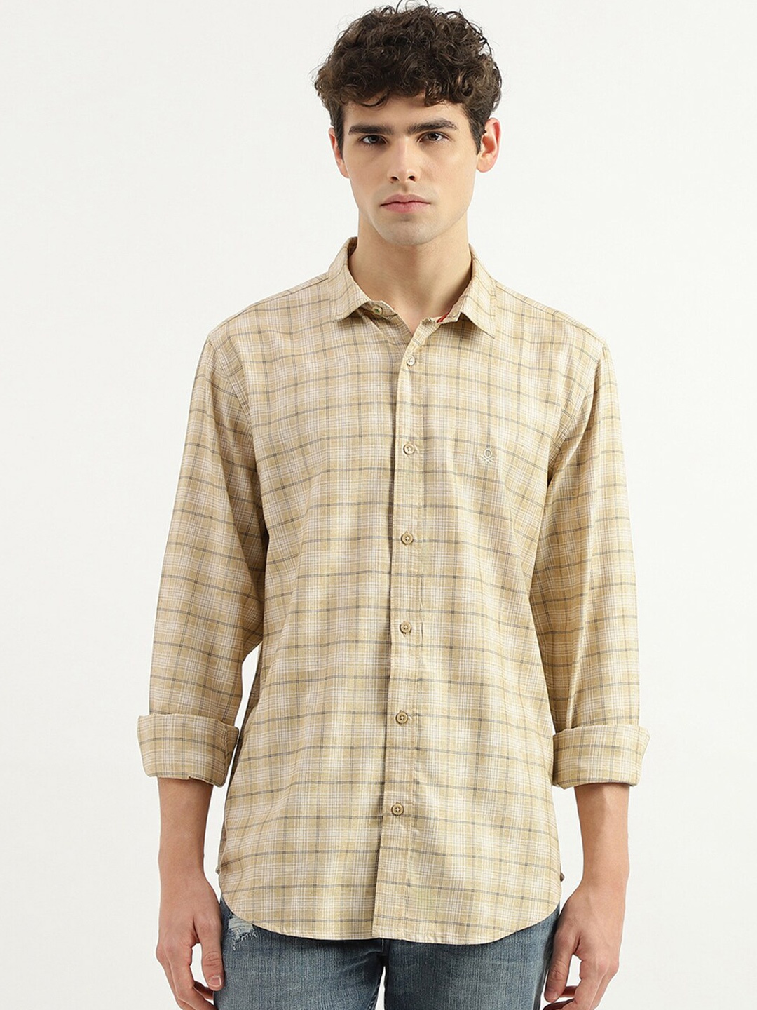 

United Colors of Benetton Checked Cotton Spread Collar Curved Casual Shirt, Beige
