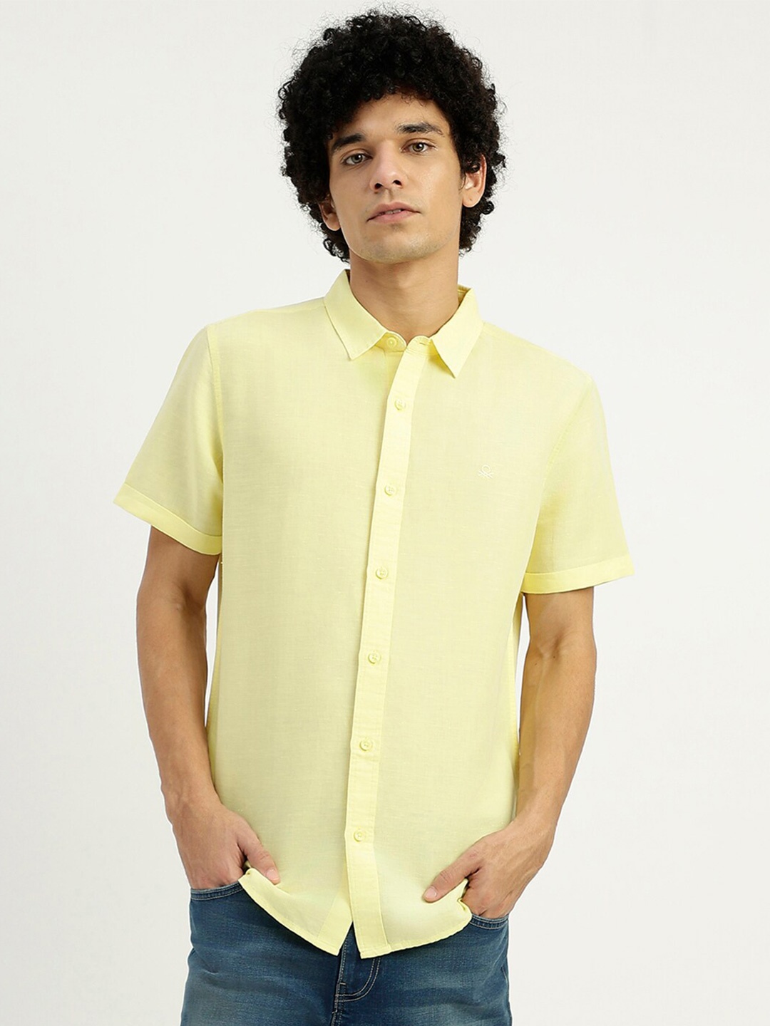 

United Colors of Benetton Slim Fit Spread Collar Short Sleeves Casual Cotton Linen Shirt, Yellow