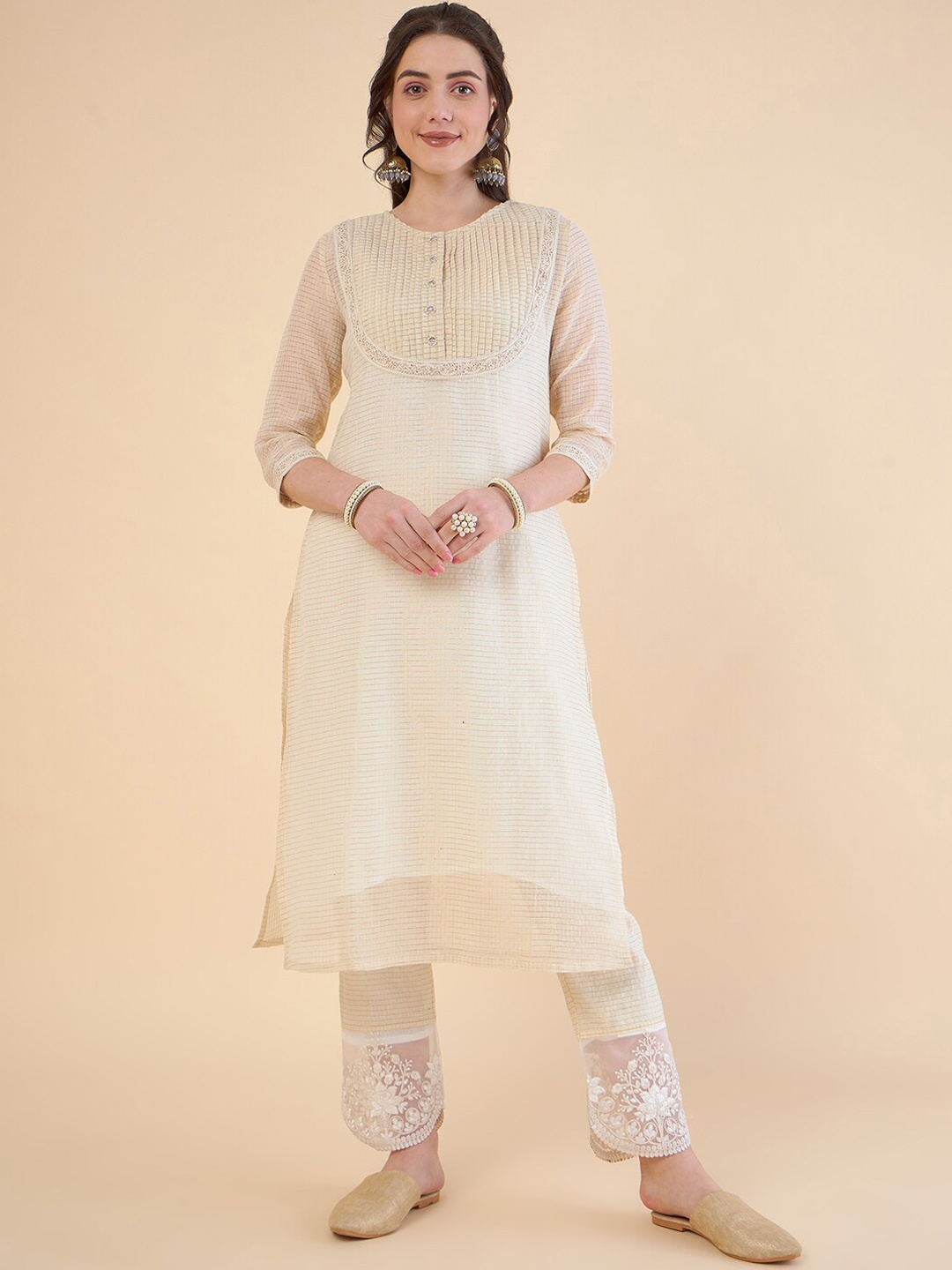 

ADORNIA Round Neck Chanderi Cotton Straight Kurta With Trousers, Off white