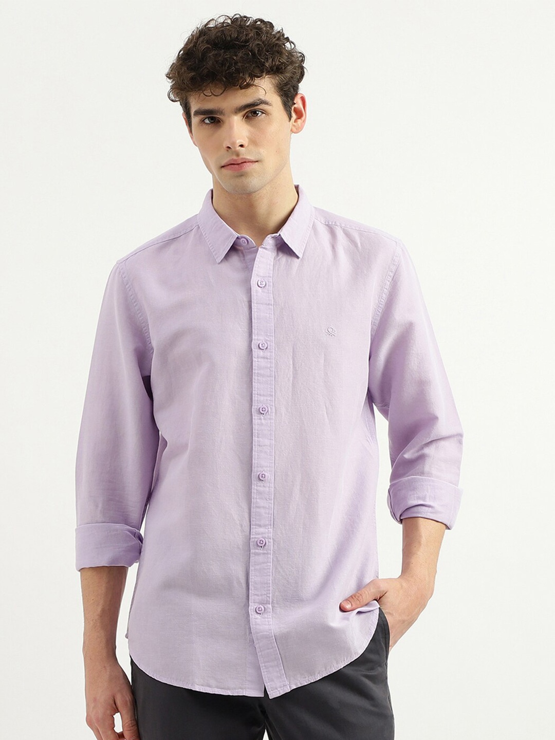 United Colors of Benetton Slim Fit Spread Collar Cotton Casual Shirt, Purple