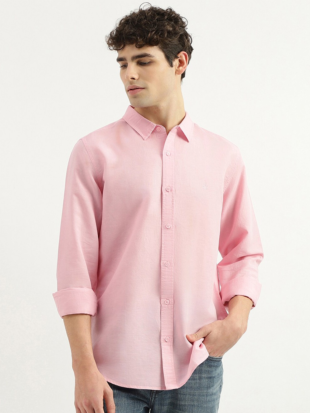 

United Colors of Benetton Slim Fit Spread Collar Cotton Casual Shirt, Pink