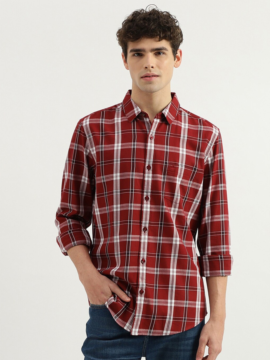 

United Colors of Benetton Slim Fit Tartan Checks Cotton Casual Shirt, Maroon