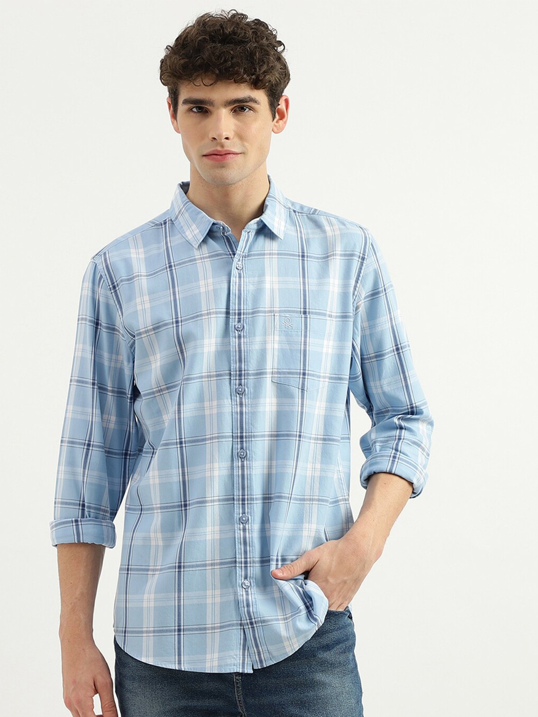 

United Colors of Benetton Slim Fit Tartan Checks Pure Cotton Casual Shirt, Blue