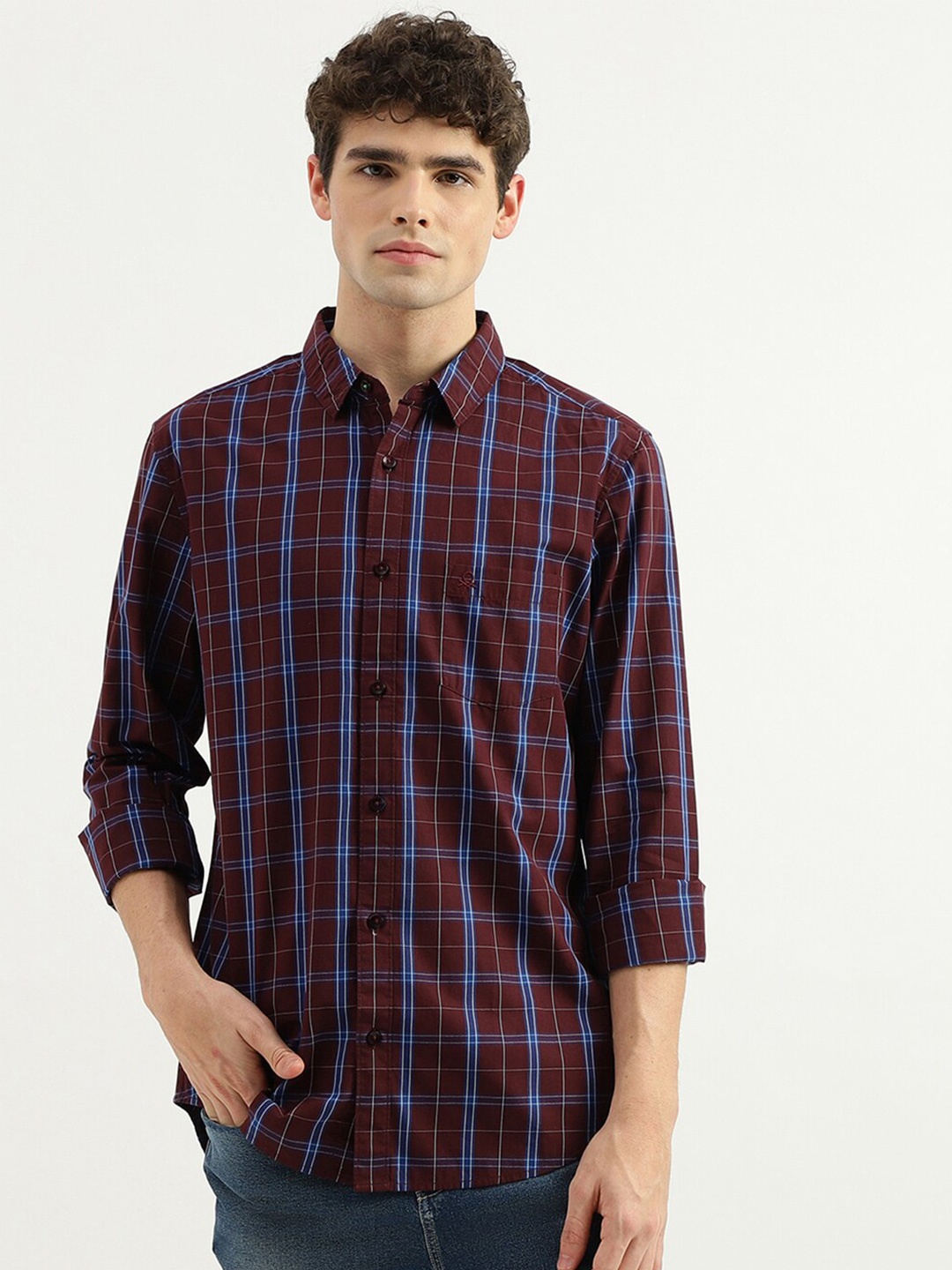 

United Colors of Benetton Slim Fit Tartan Checks Cotton Casual Shirt, Maroon