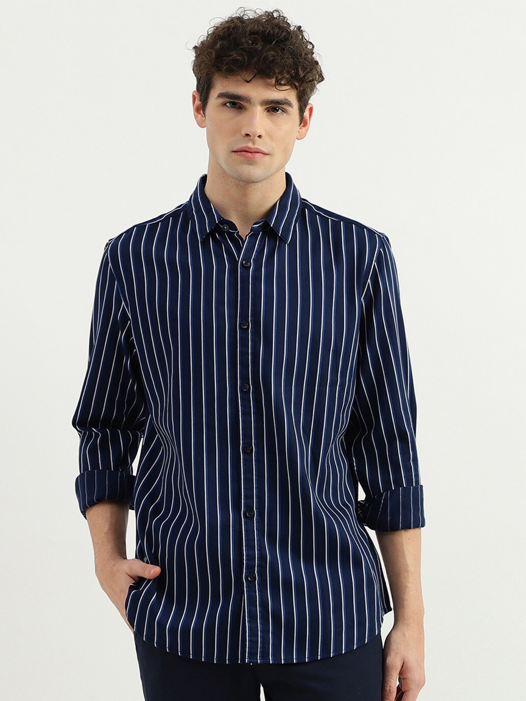 

United Colors of Benetton Slim Fit Striped Cotton Casual Shirt, Blue