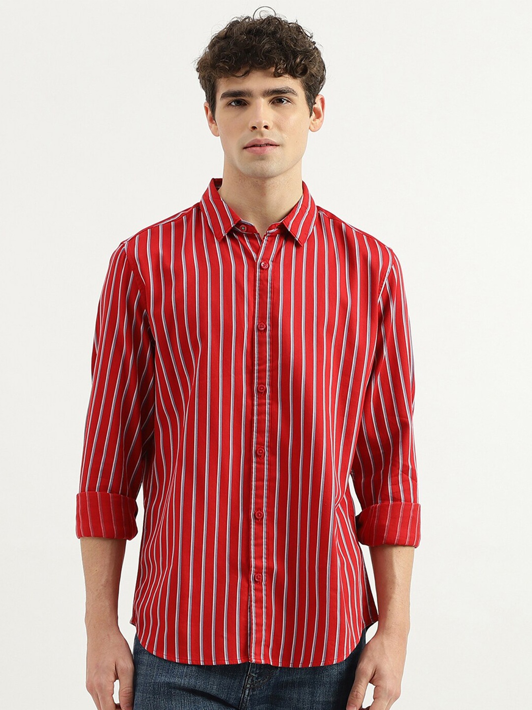 

United Colors of Benetton Slim Fit Opaque Striped Cotton Casual Shirt, Red