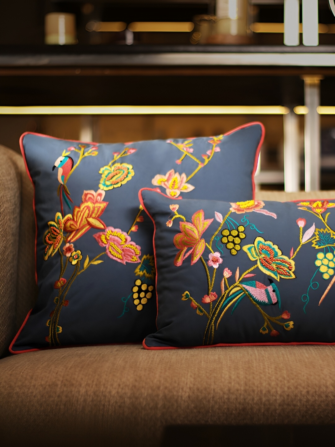 

Perenne Design Blue & Yellow Floral Embroidered Cotton Square Cushion Covers