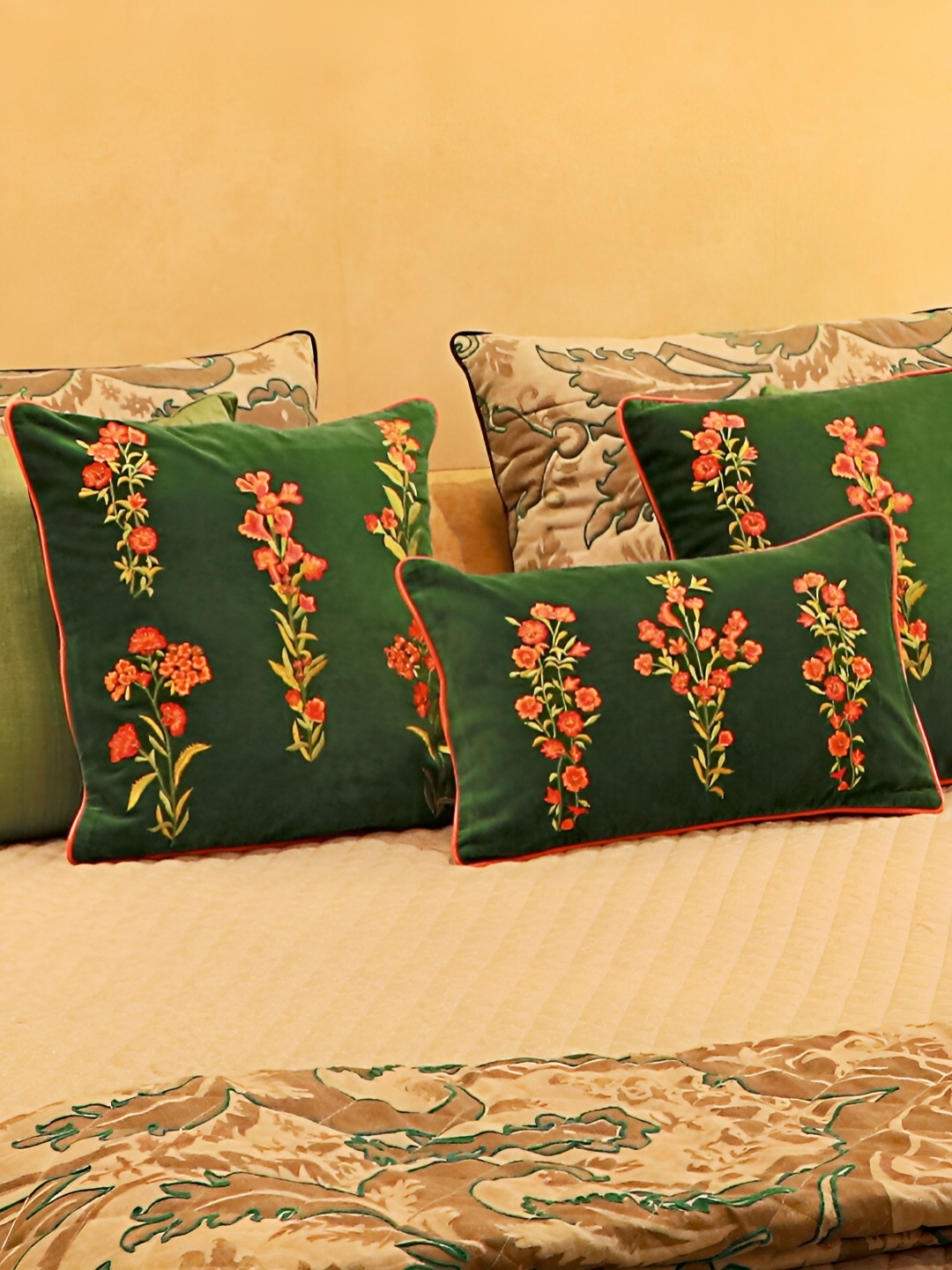 

Perenne Design Green & Red Floral Velvet Rectangle Cushion Covers
