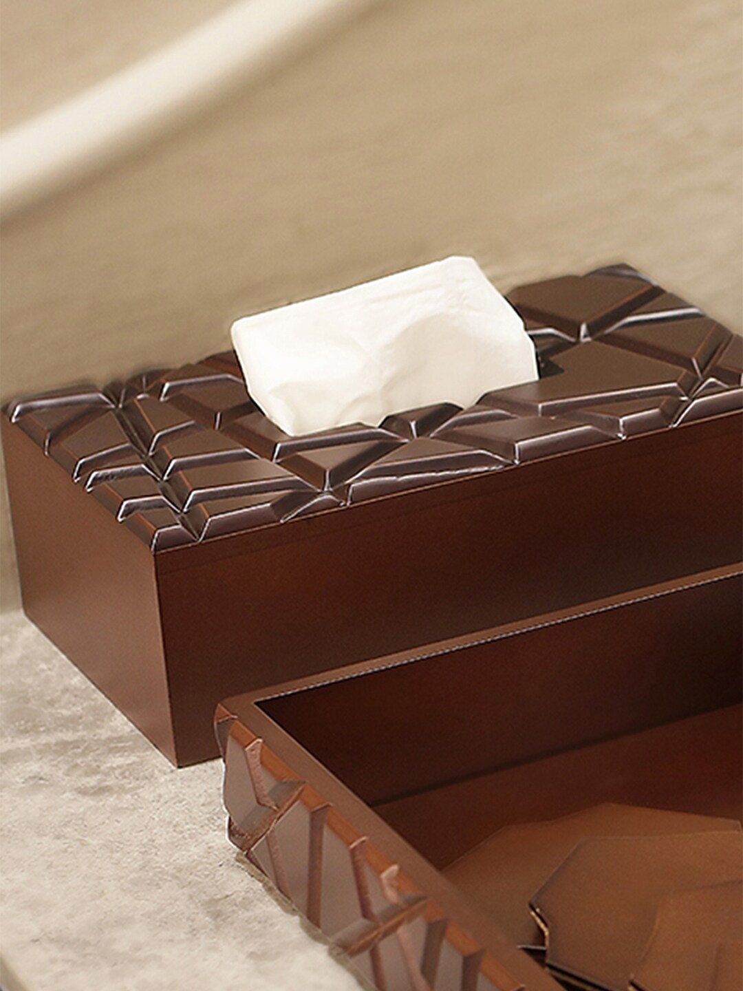 

Perenne Design Coffee Brown Geometric Textured Wooded Tissue Holder Box