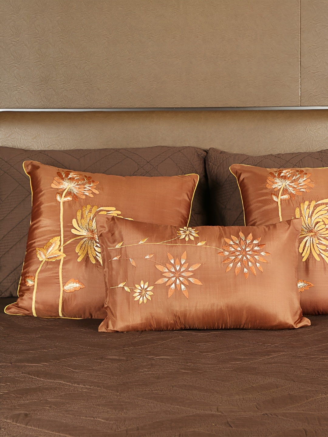 

Perenne Design Brown & Orange Floral Embroidered Square Cushion Cover