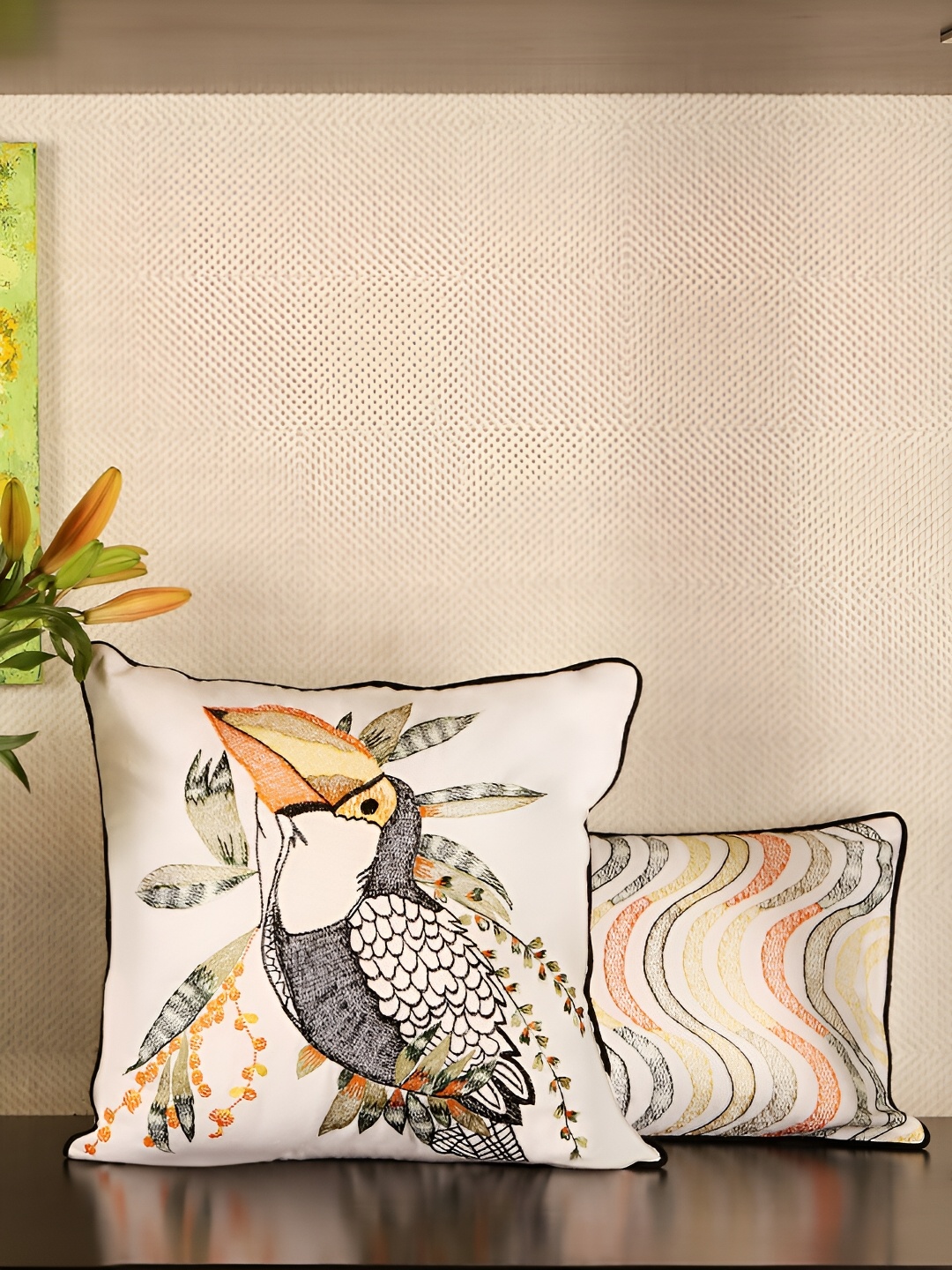 

Perenne Design White & Black Self Design Embroidered Cotton Square Cushion Cover