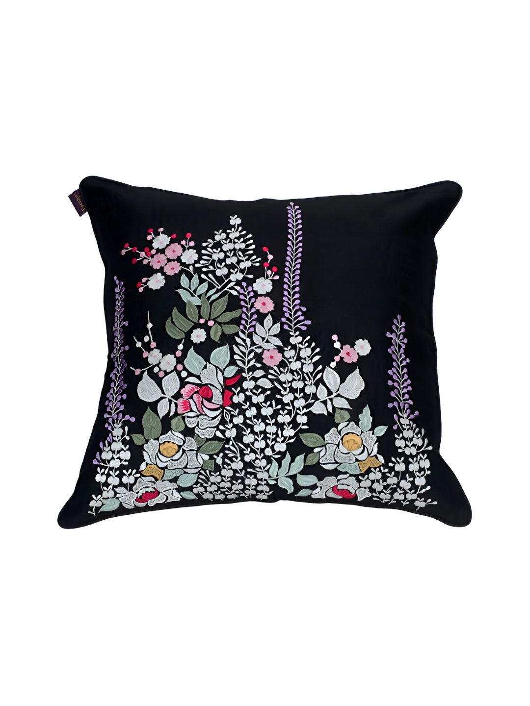 

Perenne Design Black & Red Floral Embroidered Silk Square Cushion Cover