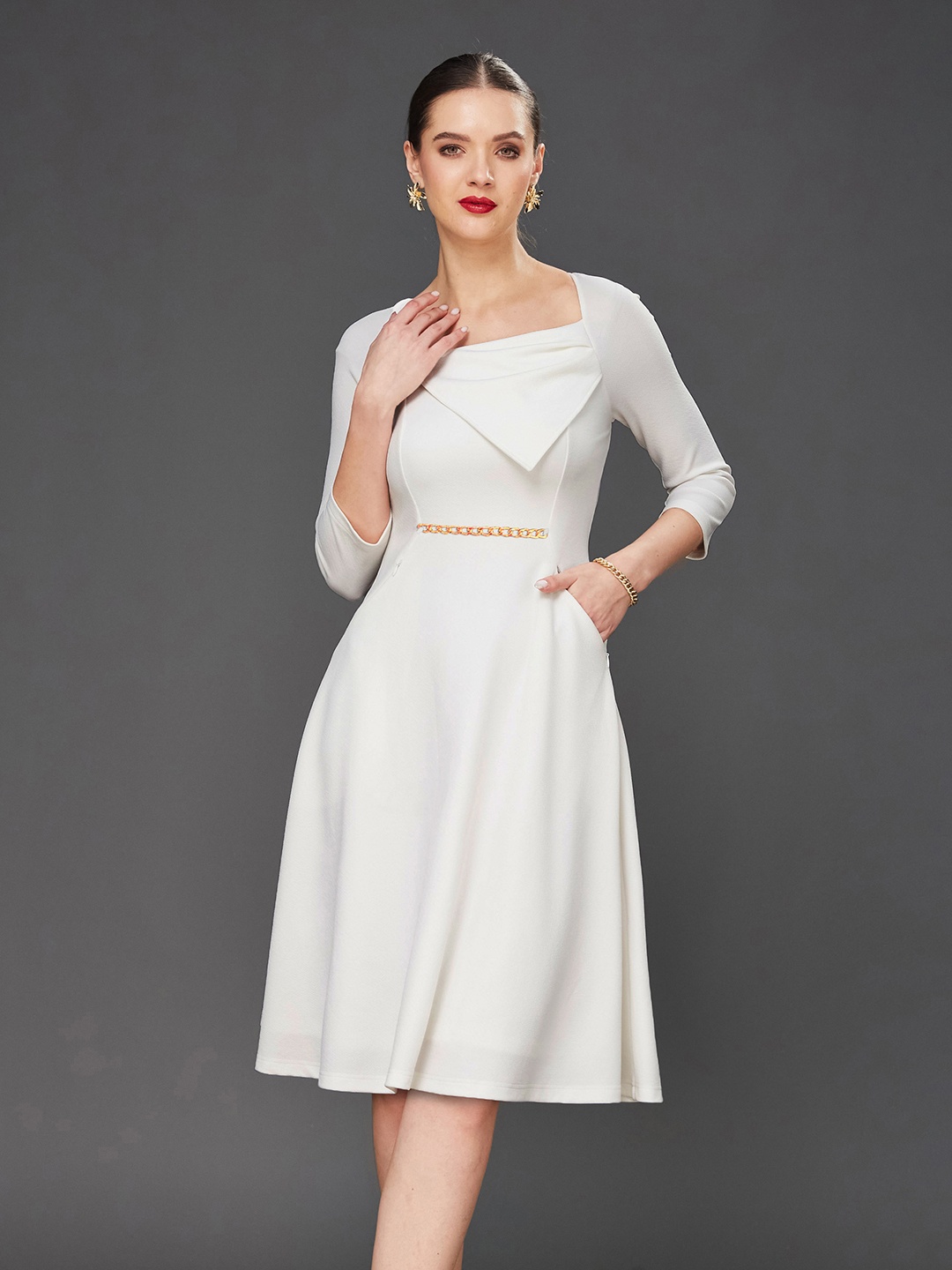 

Miss Chase Asymmetric Neck Raglan Sleeves Georgette Fit & Flare Dress, Off white