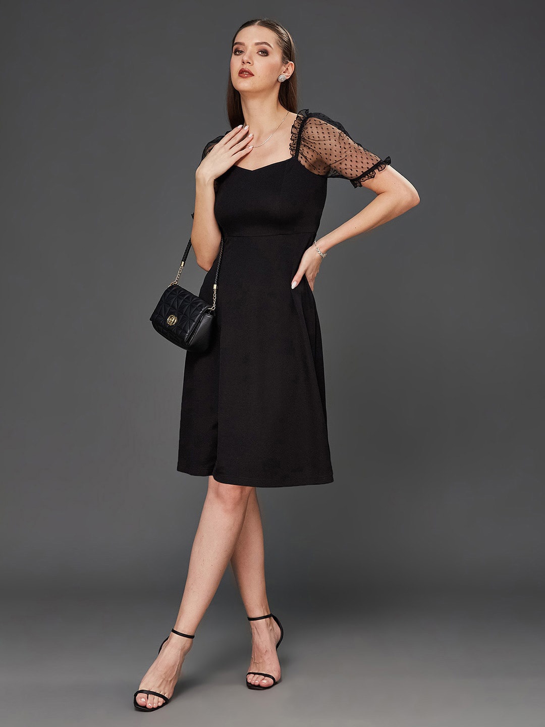 

Miss Chase Sweetheart Neck Short Sleeves Georgette A-Line Dress, Black