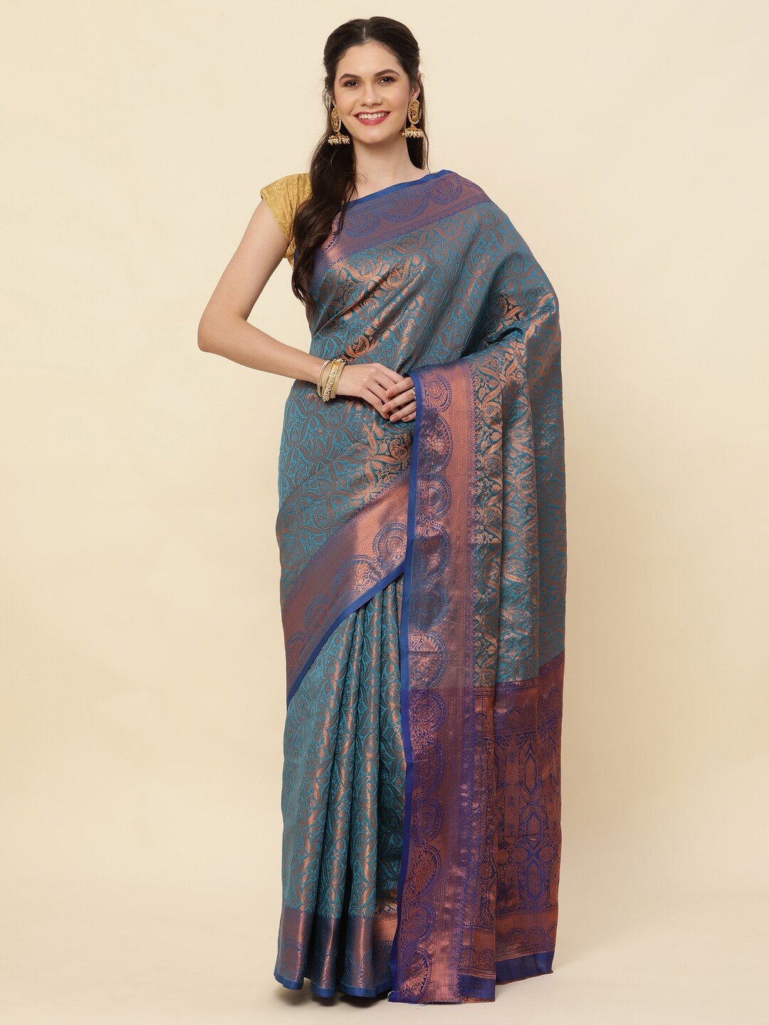 

HIRAPARA ENTERPRICE Ethnic Motifs Woven Design Kanjeevaram Zari Saree, Blue