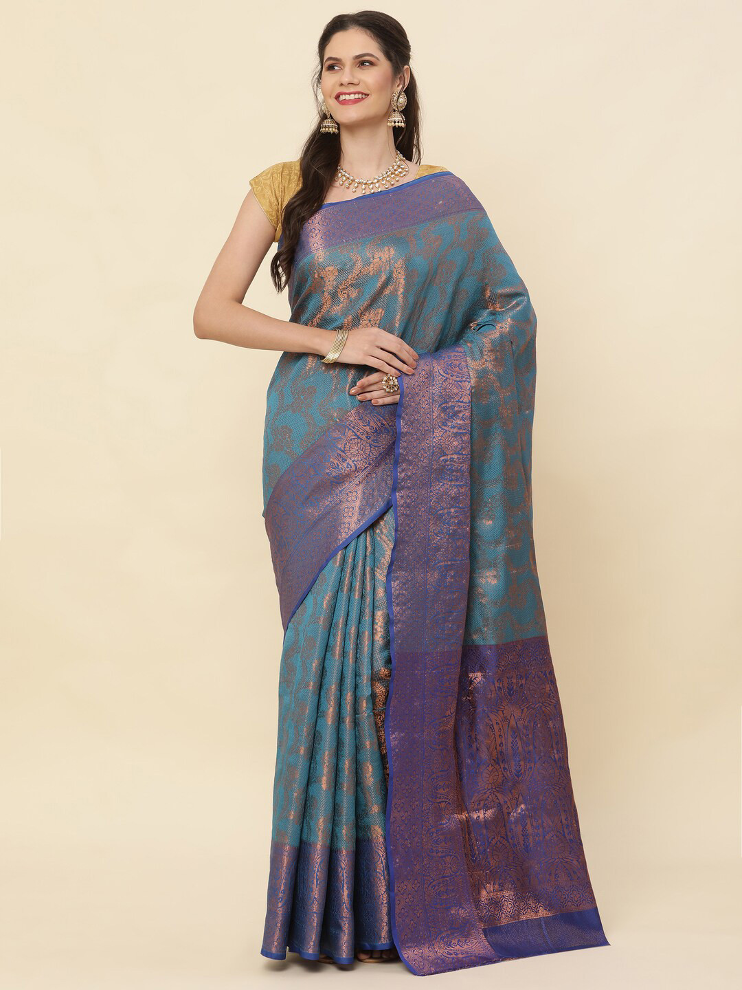 

HIRAPARA ENTERPRICE Ethnic Motifs Woven Design Kanjeevaram Zari Saree, Blue