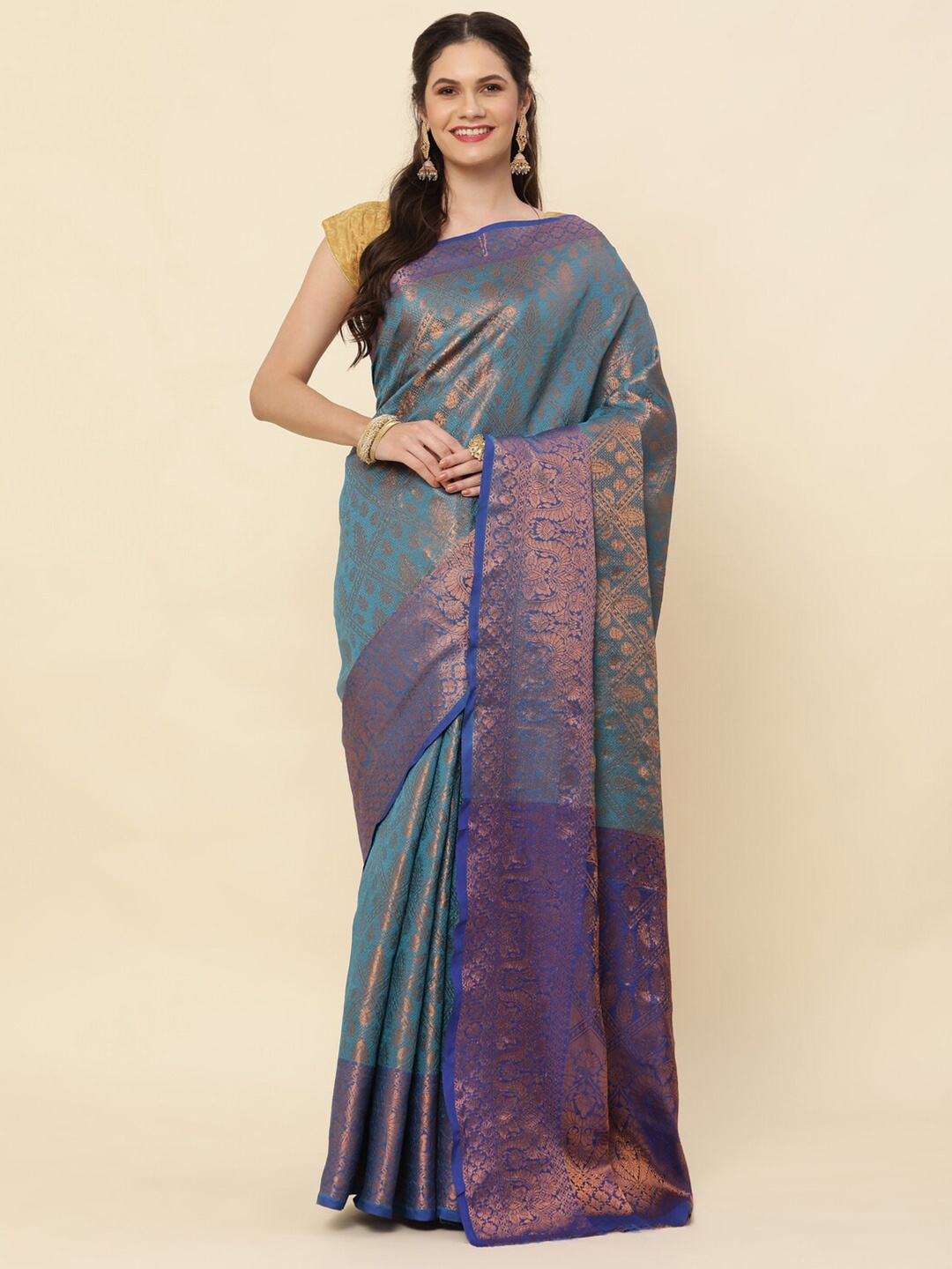 

HIRAPARA ENTERPRICE Ethnic Motifs Woven Design Pure Silk Kanjeevaram Zari Saree, Blue
