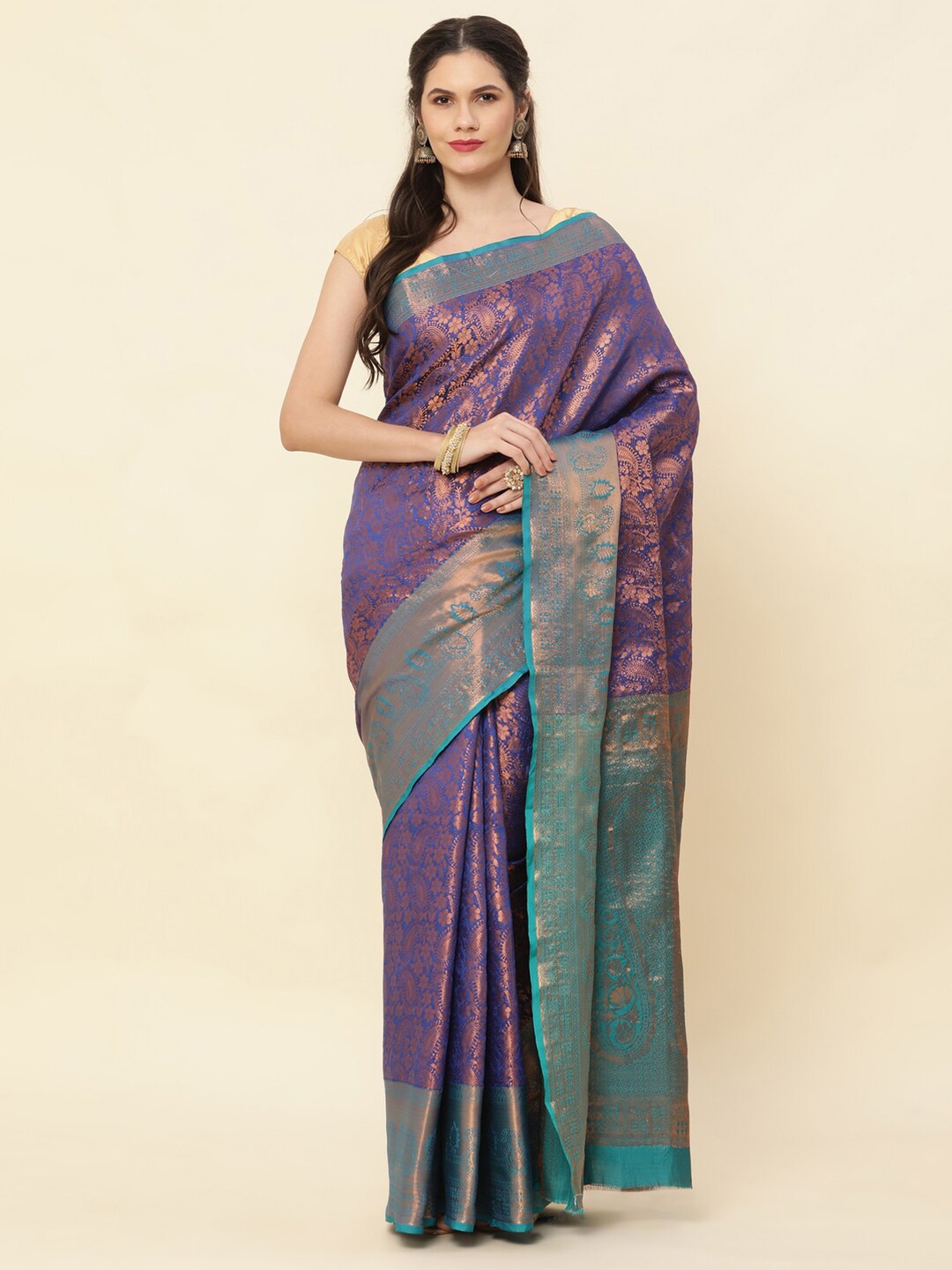 

HIRAPARA ENTERPRICE Ethnic Motif Woven Design Pure Silk Kanjeevaram Zari Saree, Navy blue