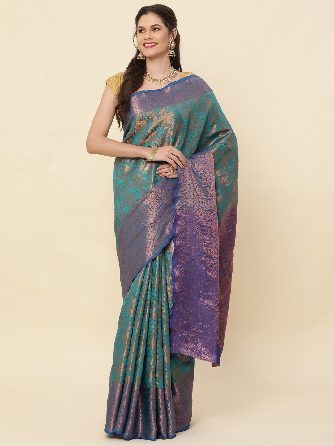 

HIRAPARA ENTERPRICE Ethnic Motifs Woven Design Kanjeevaram Zari Saree, Green