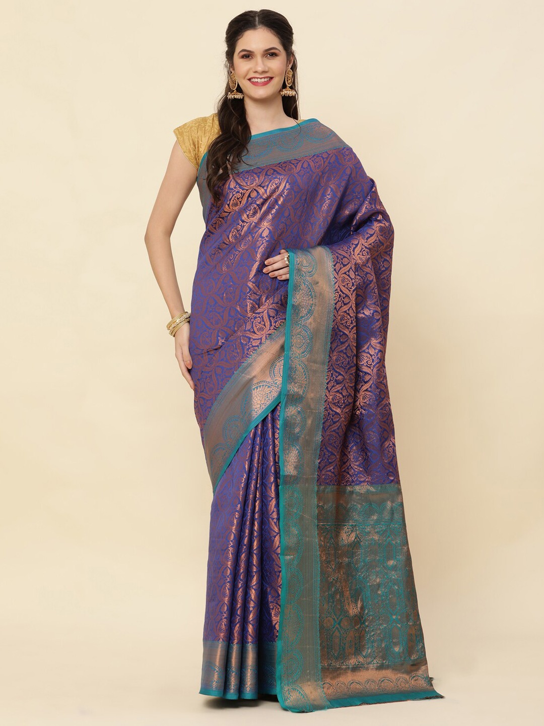 

HIRAPARA ENTERPRICE Ethnic Motifs Woven Design Kanjeevaram Saree, Navy blue