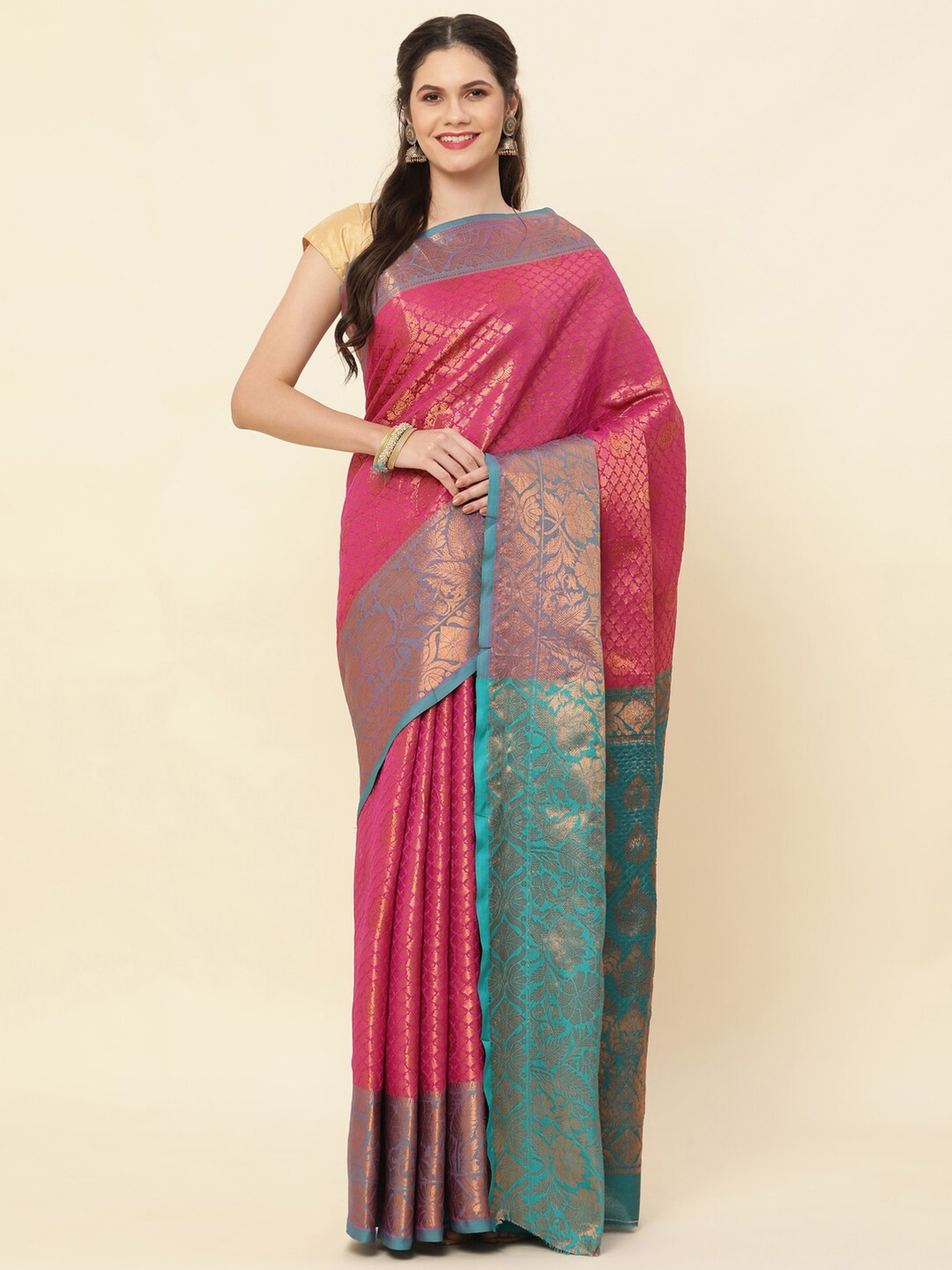 

HIRAPARA ENTERPRICE Ethnic Motif Woven Design Pure Silk Kanjeevaram Zari Saree, Pink