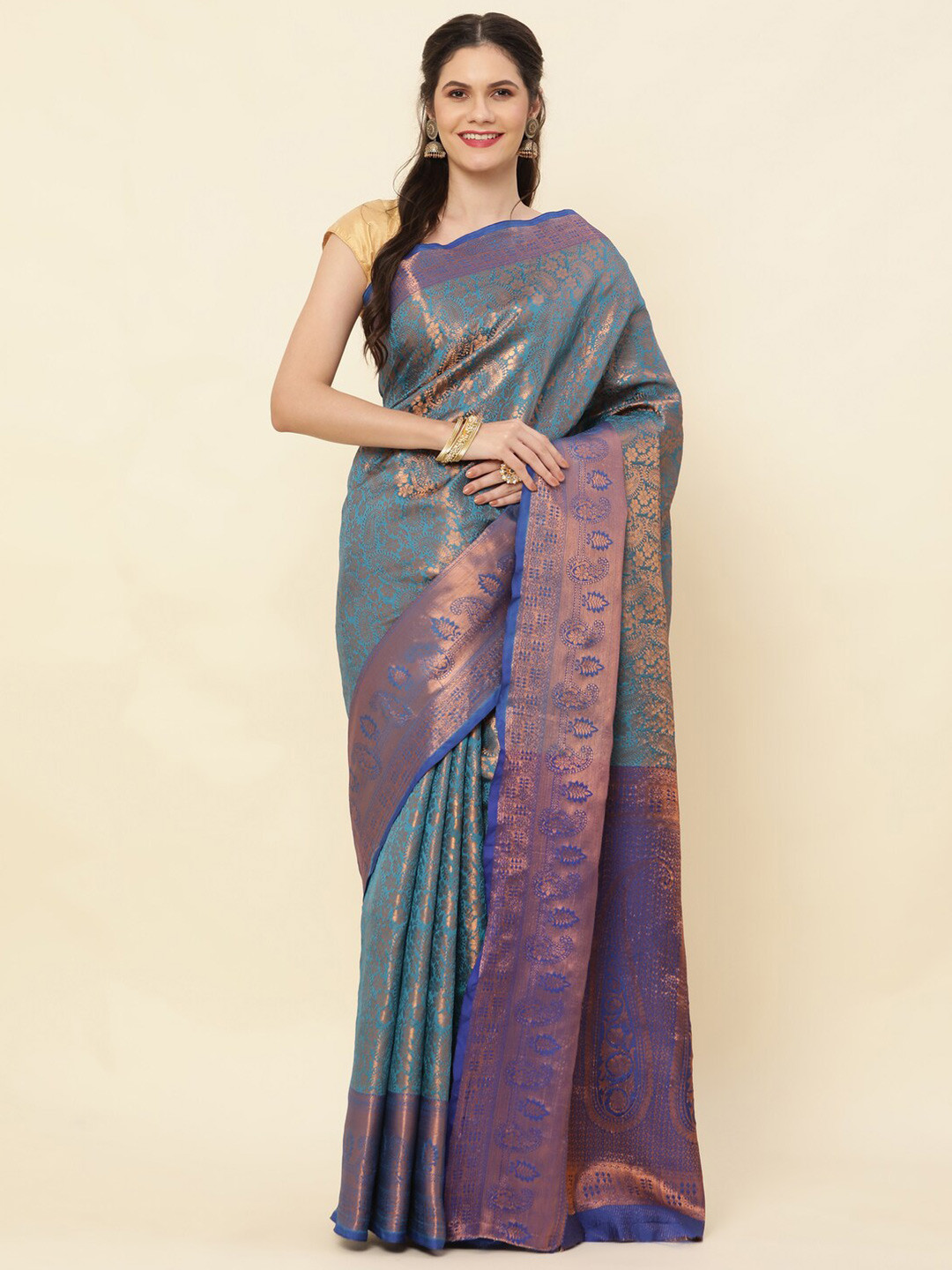 

HIRAPARA ENTERPRICE Ethnic Motifs Woven Design Pure Silk Kanjeevaram Zari Saree, Blue