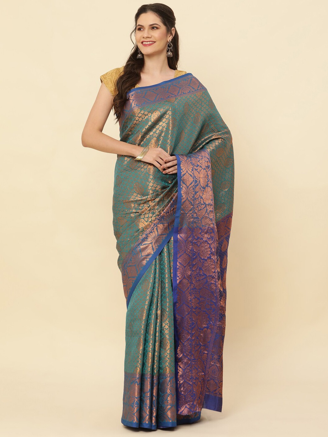 

HIRAPARA ENTERPRICE Ethnic Motifs Woven Design Pure Silk Kanjeevaram Zari Saree, Green