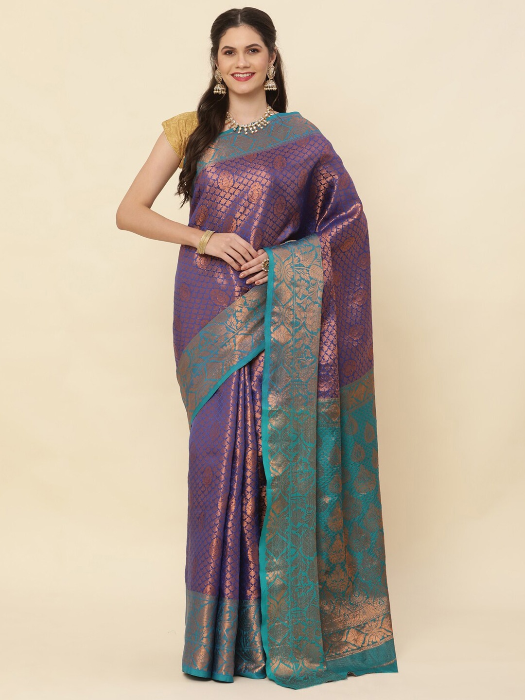 

HIRAPARA ENTERPRICE Ethnic Motif Woven Design Pure Silk Kanjeevaram ZariSaree, Navy blue