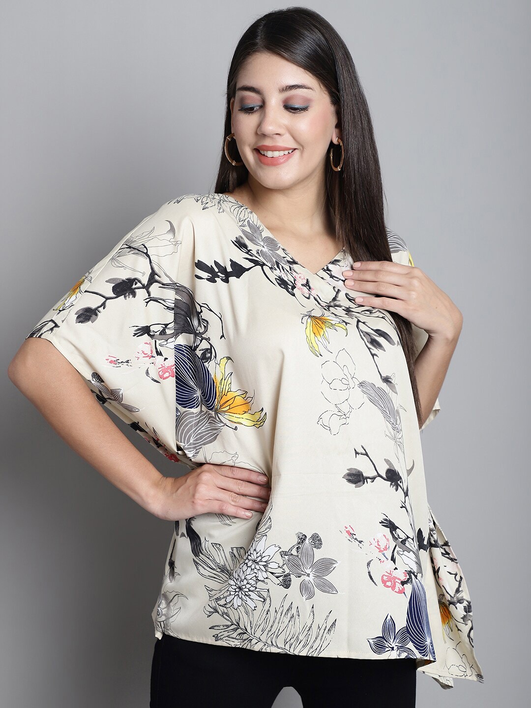 

Dressitude Floral Printed V-Neck Flared Sleeves Kaftan Top, Beige