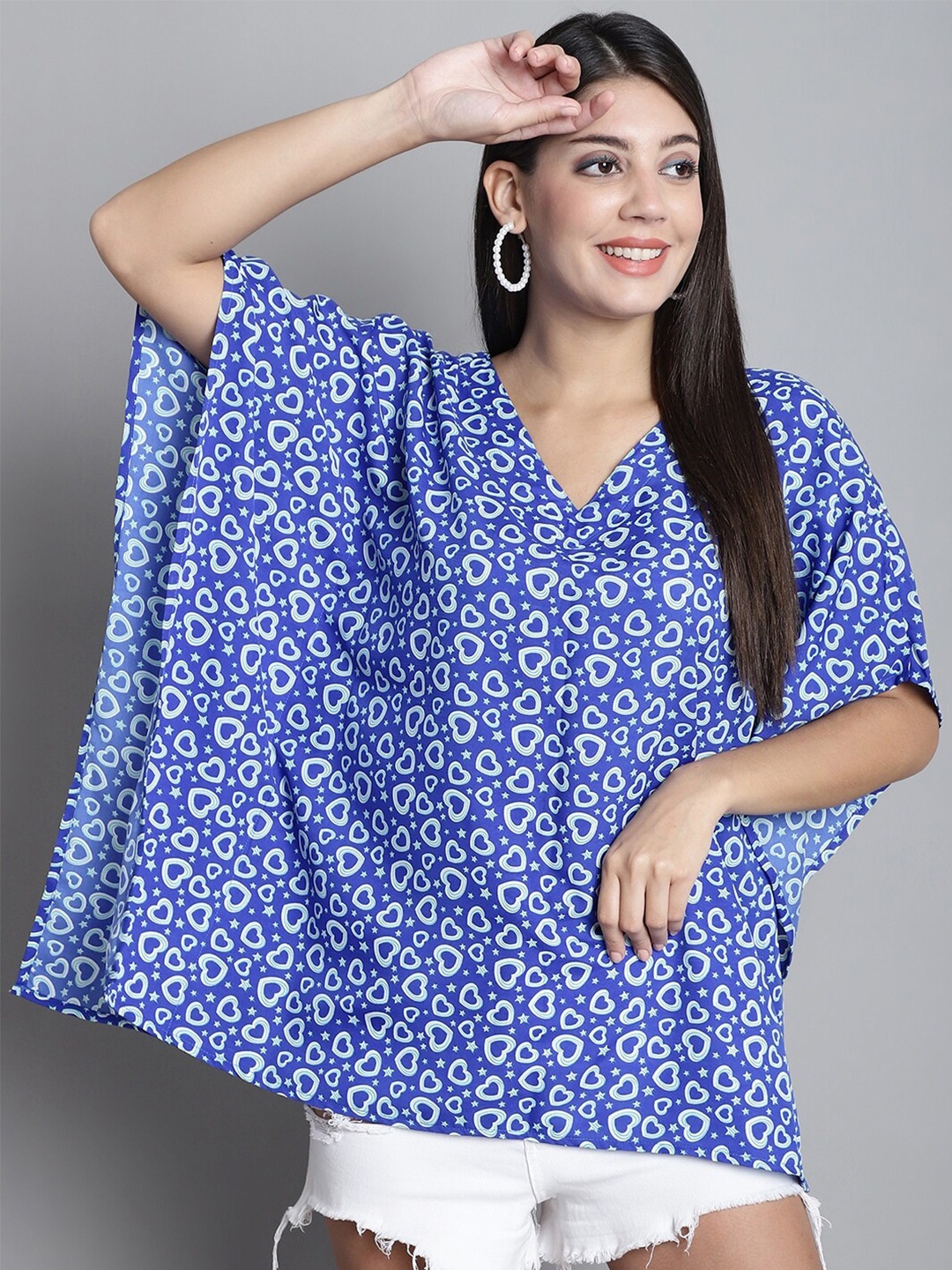 

Dressitude Conversational Printed V-Neck Flared Sleeves Kaftan Top, Blue