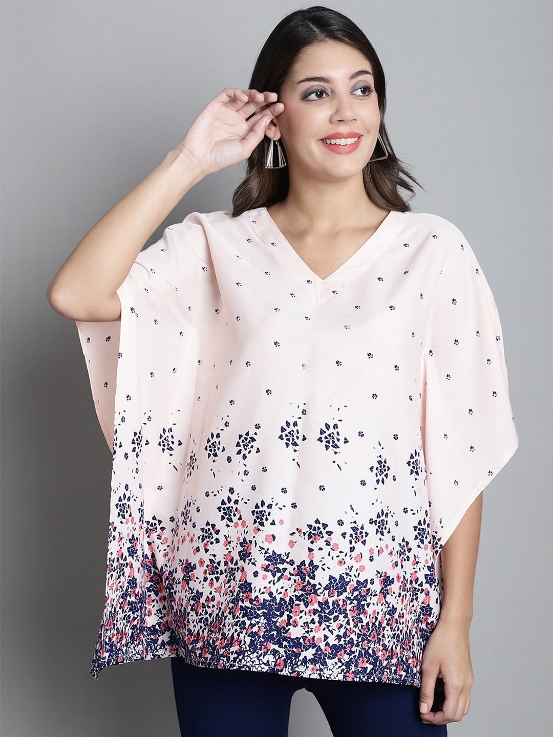 

Dressitude Floral Printed V-Neck Flared Sleeves Kaftan Top, Pink