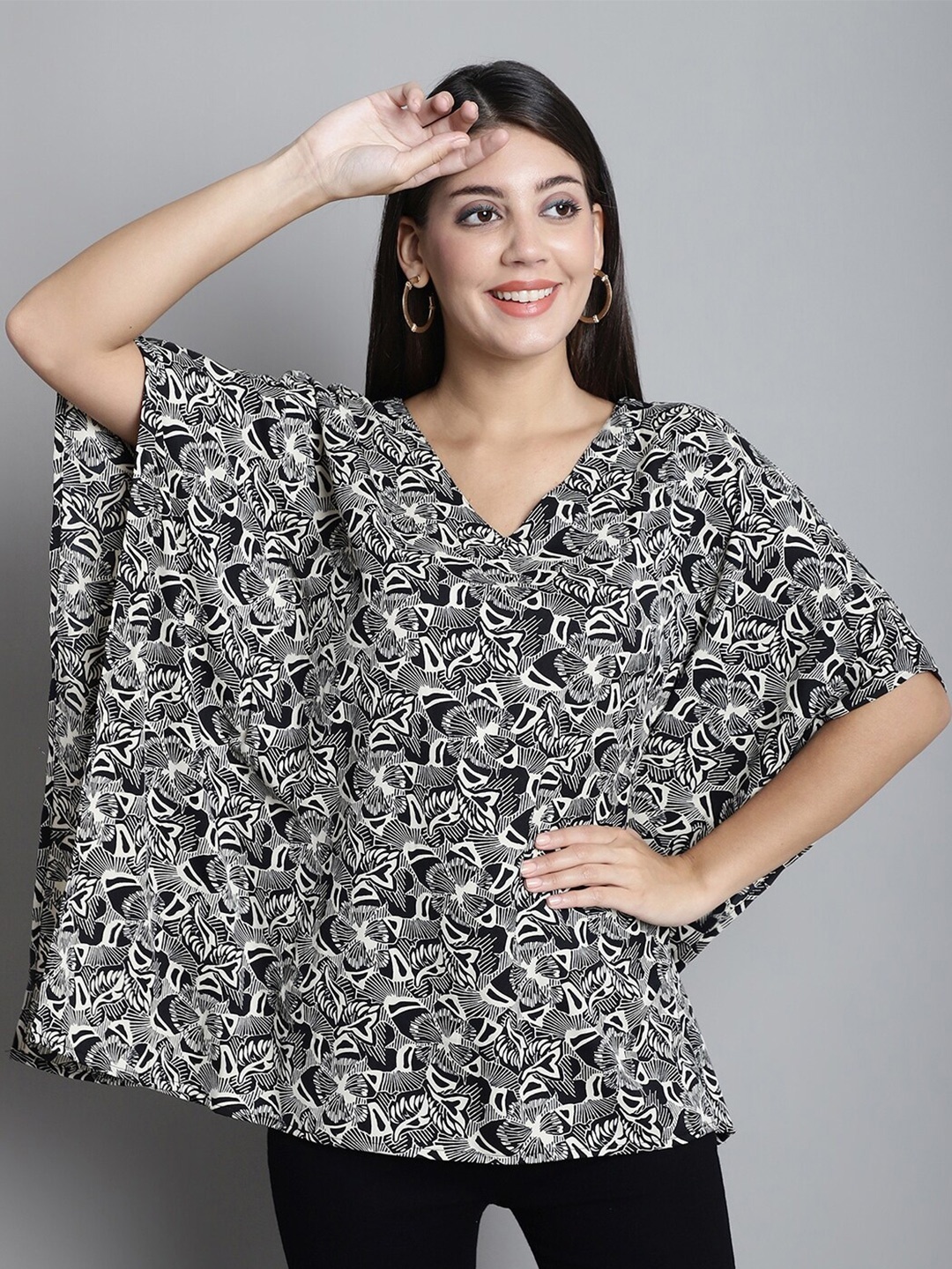 

Dressitude Floral Printed V-Neck Flared Sleeves Kaftan Top, Black