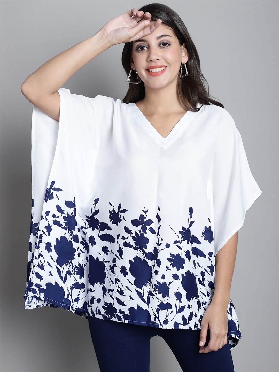 

Dressitude Floral Printed V-Neck Flared Sleeves Kaftan Top, White