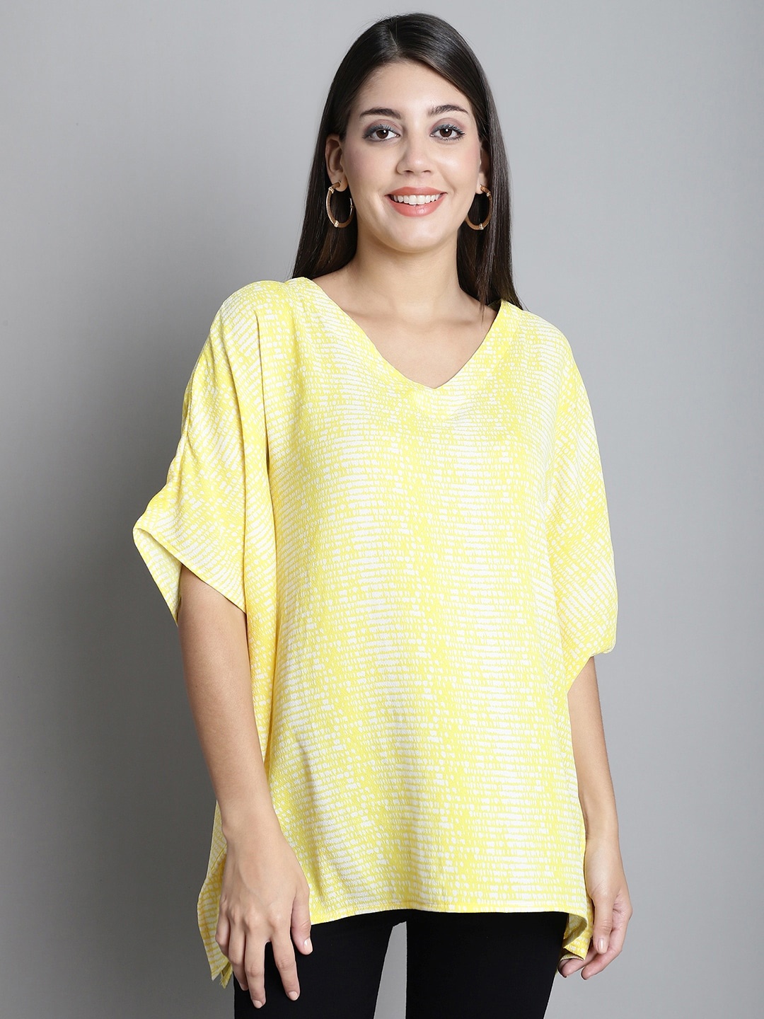 

Dressitude Abstract Printed V-Neck Flared Sleeves Kaftan Top, Yellow