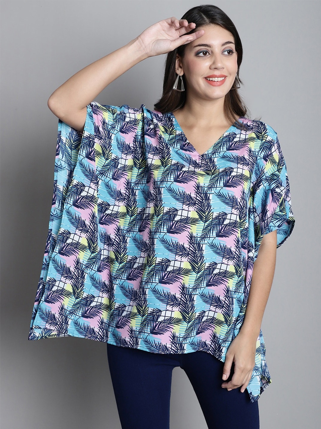 

Dressitude Tropical Print Flared Sleeve Crepe Kaftan Top, Blue