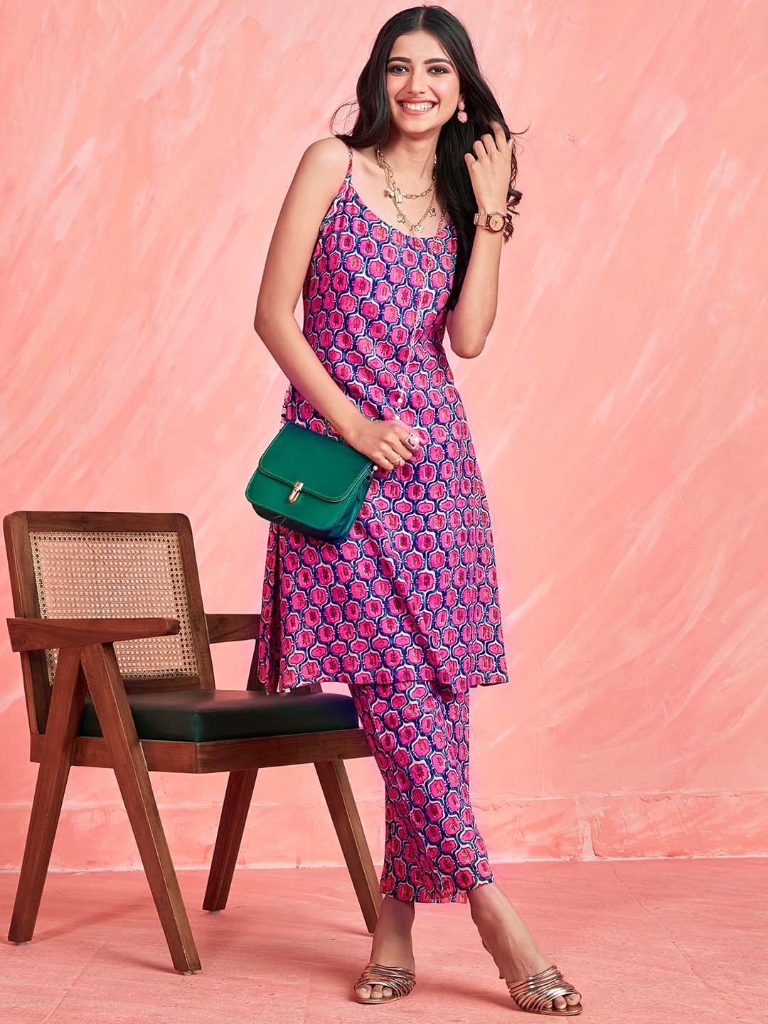 

Anubhutee Ethnic Motifs Shoulder Straps Sleeveless Pure Cotton A-Line Kurta & Trousers, Pink