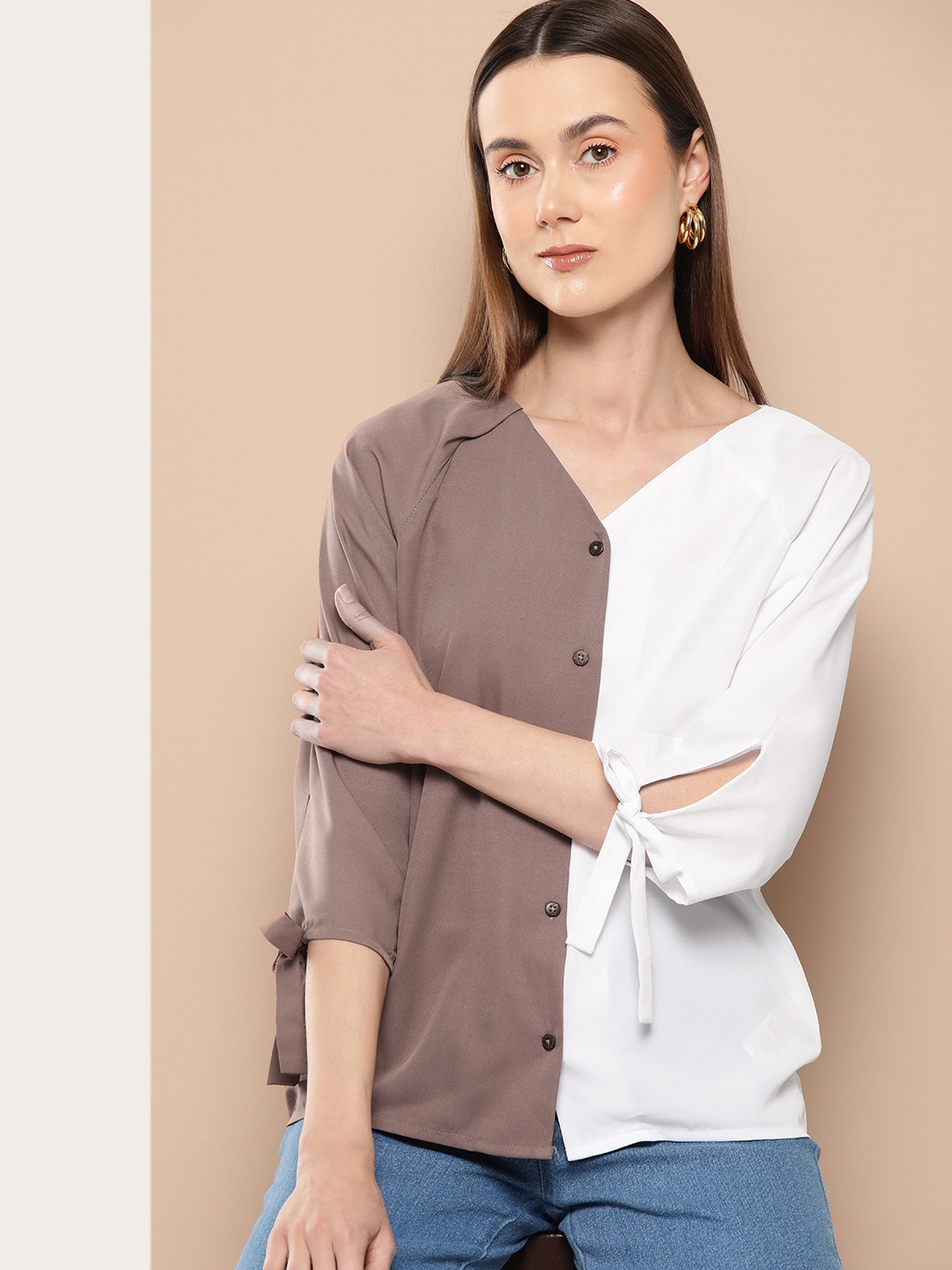 

Chemistry Colourblocked Crepe Casual Shirt, Brown