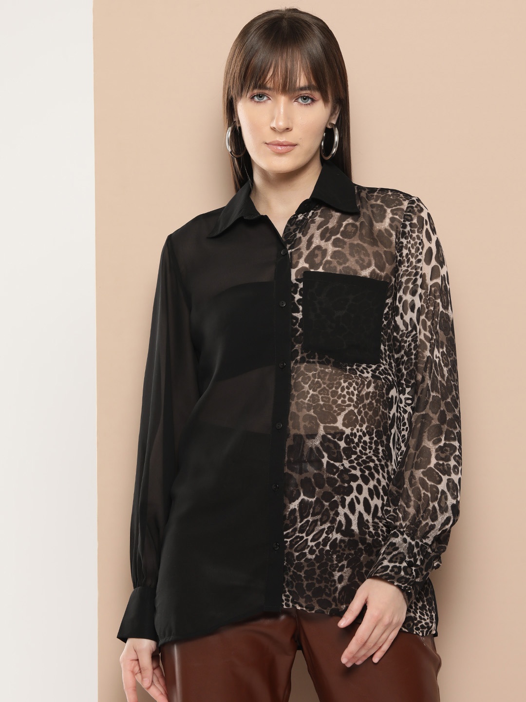 

Chemistry Women Animal Printed Semi Sheer Casual Shirt, Black