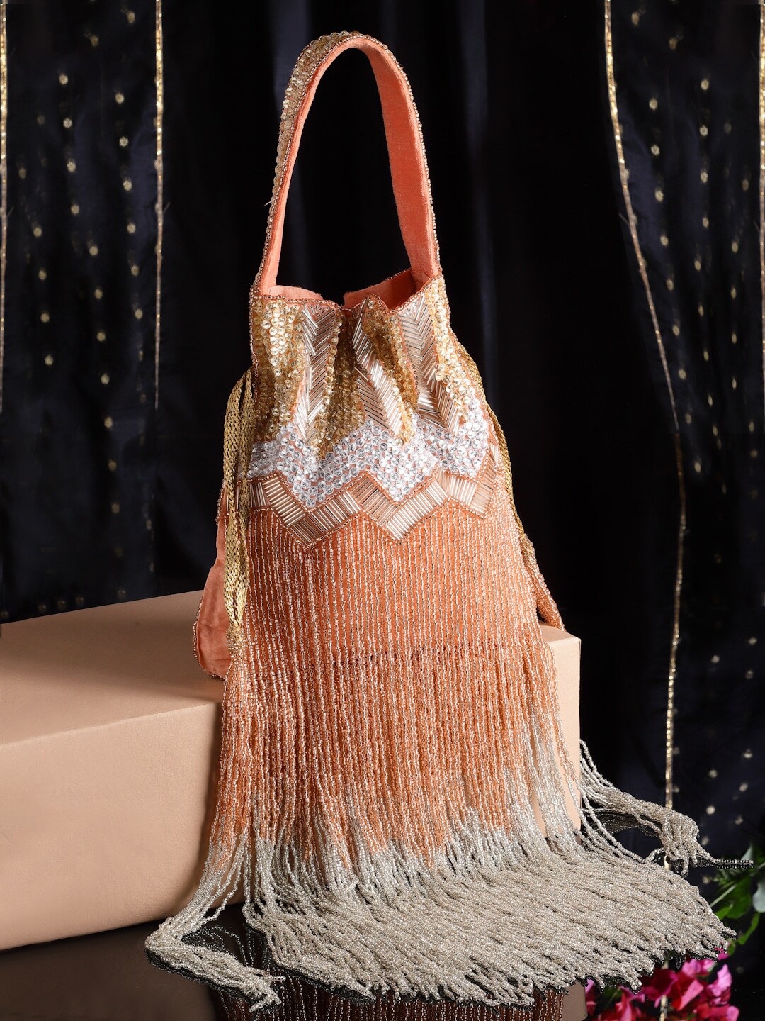 

Anekaant Embellished Tasselled Potli, Coral