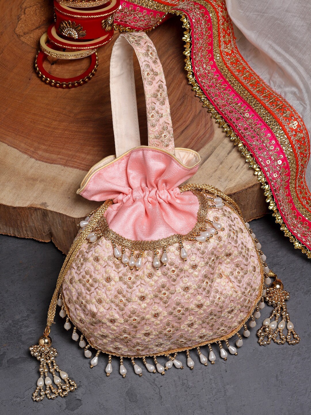 

Anekaant Embroidered with Tasselled Detail Potli, Pink