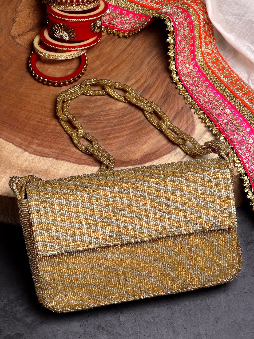 

Anekaant Embellished Foldover Clutch, Gold